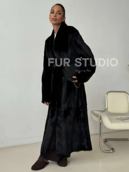 Длинная черная норковая шуба - фото 5