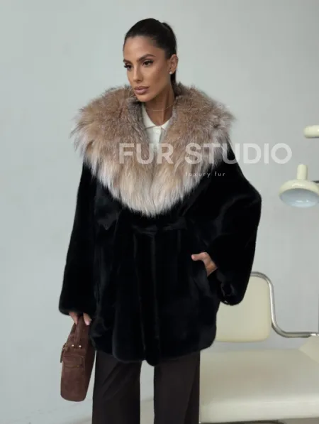 Норковый полушубок с капюшоном рысь - фото 10