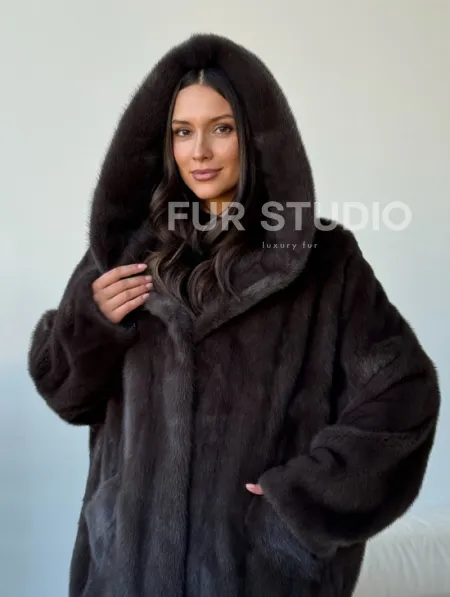 Норковый полушубок с капюшоном - фото 6