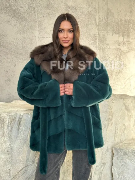 Шуба норка кимоно - капюшон куница - фото 9
