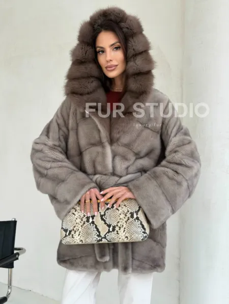 Серый норковый полушубок - капюшон куница - фото 5