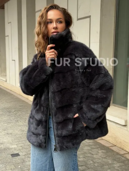 Норковая куртка на молнии - графит - фото 0