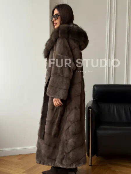 Шуба-кимоно с капюшоном куница - фото 5