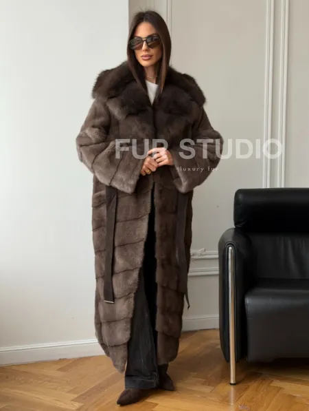 Шуба-кимоно с капюшоном куница - фото 9