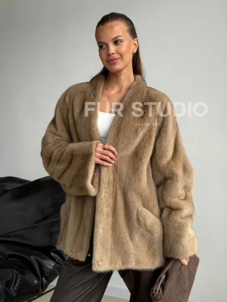 Норковый полушубок V-образный воротник - фото 7