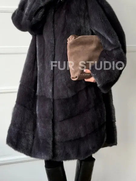 Норковая шуба с капюшоном - графит - фото 3