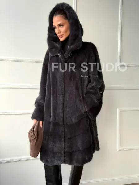 Норковая шуба с капюшоном - графит - фото 7