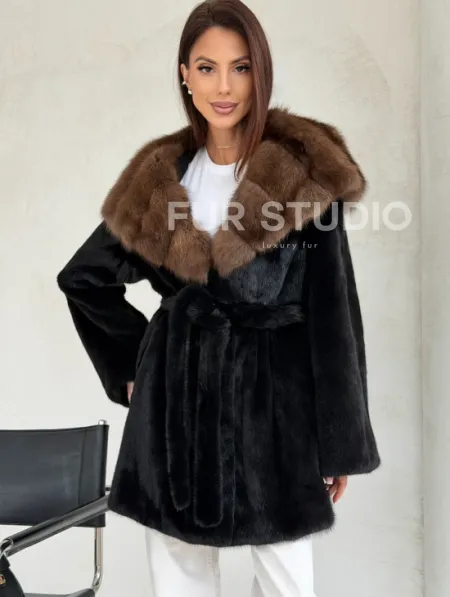 Черная шуба в роспуск с капюшоном соболь - фото 7