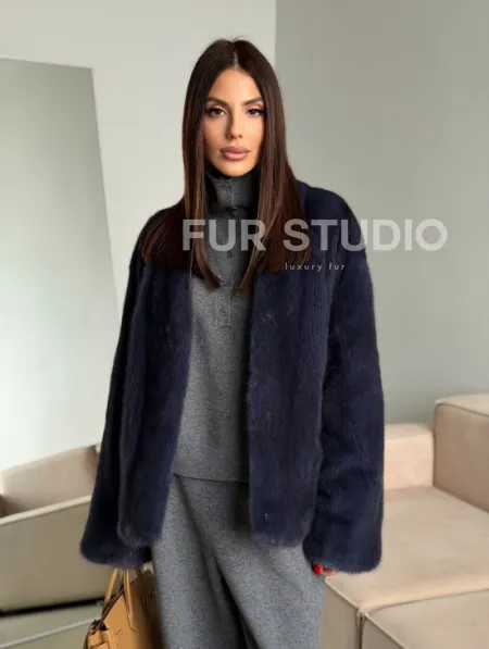 Короткий норковый жакет - синий графит - фото 14