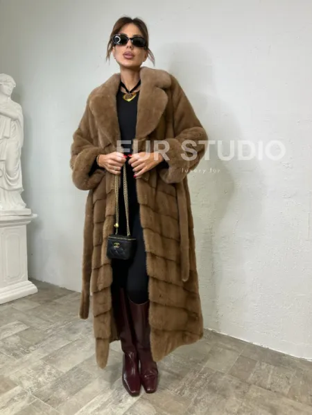 Длинная шуба карамель кимоно мех NAFA - фото 3