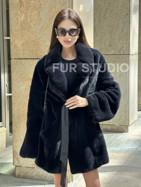 Шуба из плюшевой норки NAFA, роспуск - цвет черный изумруд - фото 1