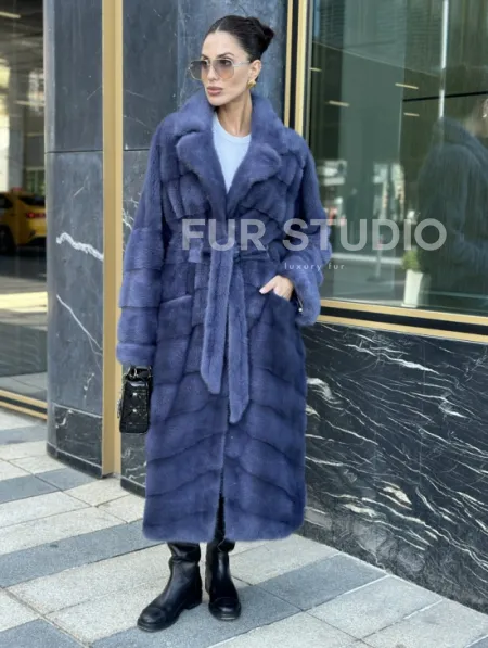 Норковая шуба с английским воротником - цвет джинс - фото 0