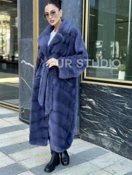 Норковая шуба с английским воротником - цвет джинс - фото 2