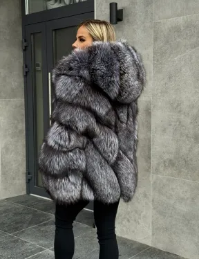 Шуба натуральная из чернобурки с капюшоном - фото 12