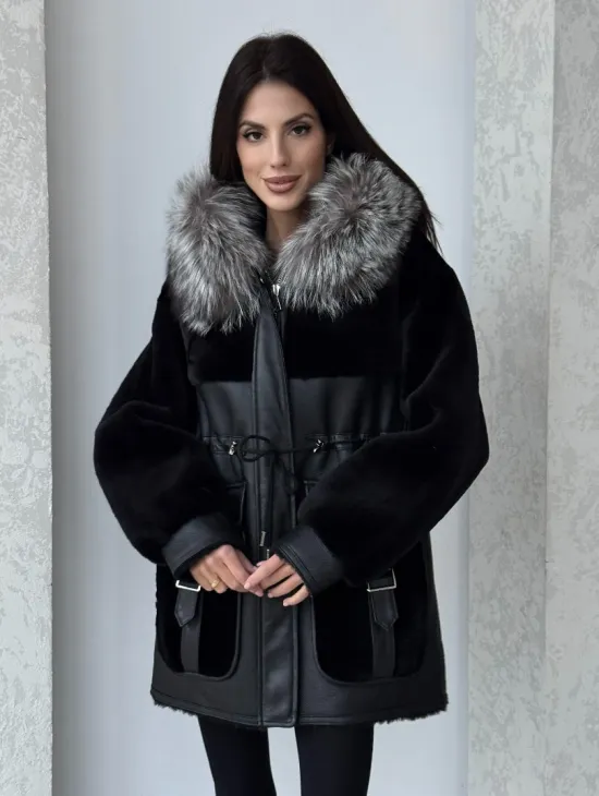 Дубленка женская из овчины на кулиске, капюшон - отделка из чернобурки - фото 0