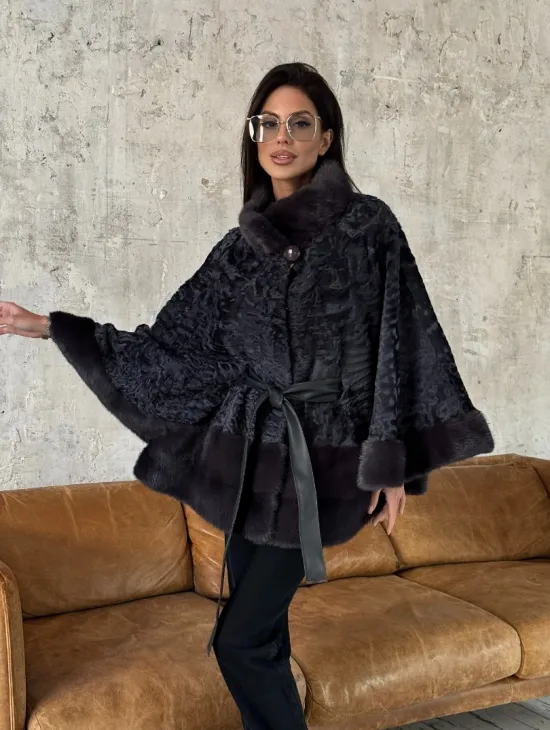 Меховое пончо - шуба из натурального меха каракульчи с отделкой из норки - фото 0