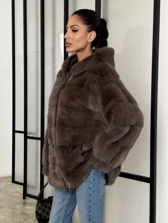 Норковый полушубок с капюшоном на молнии - фото 5