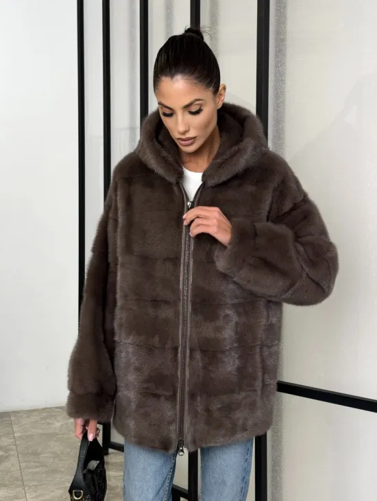 Норковый полушубок с капюшоном на молнии - фото 8