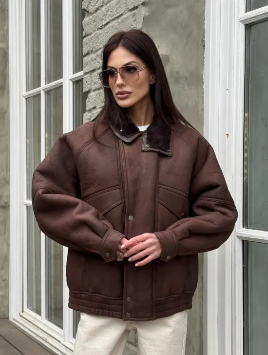 Дубленка - бомбер A LA VINTAGE из овчины мерино с воротником-стойка - фото 0