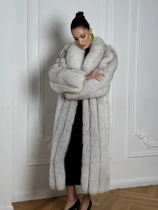 Длинная шуба из меха финского песца VINTAGE - колотый лёд - фото 8