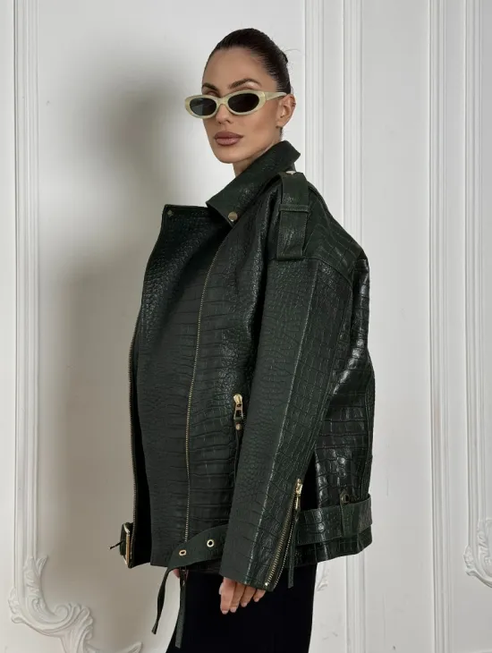 Куртка - косуха из натуральной кожи «CROCO» Dark green - фото 3