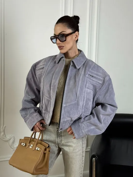 Бомбер - куртка весенняя оверсайз из натуральной кожи (замши) Grey blue - фото 7