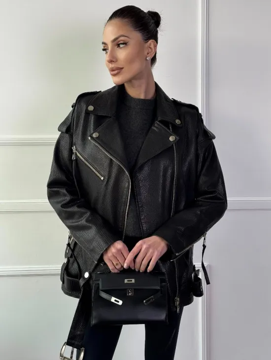 Классическая женская байкерская куртка - косуха из натуральной черной кожи Jumbo - фото 5