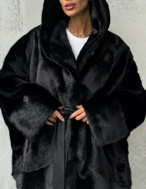 Полушубок черный норковый с капюшоном - фото 1