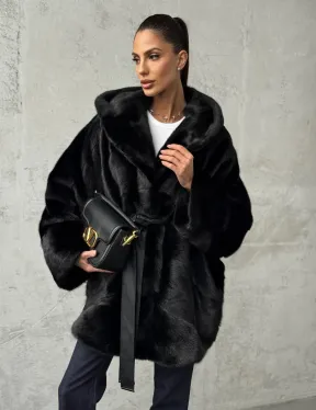Полушубок черный норковый с капюшоном - фото 7