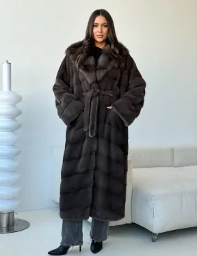 Длинная норковая шуба с капюшоном - графит - фото 0