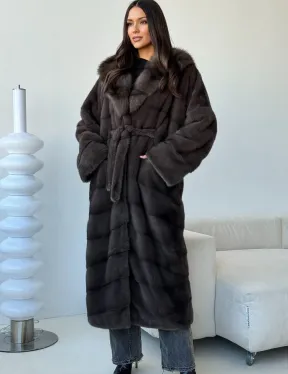 Длинная норковая шуба с капюшоном - графит - фото 4