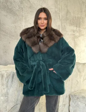 Шуба норка кимоно - капюшон куница - фото 10