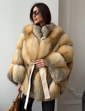 Шуба - пончо из лисы с поясом - фото 8