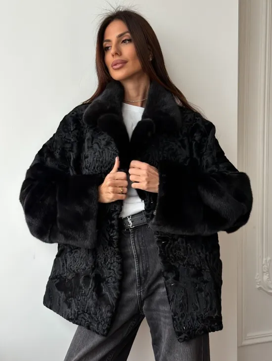 Полушубок из каракуля с норкой - фото 0