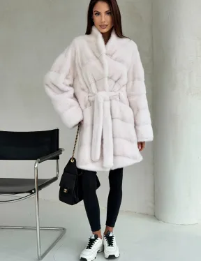 Белая шуба-кимоно, мех норка - фото 5