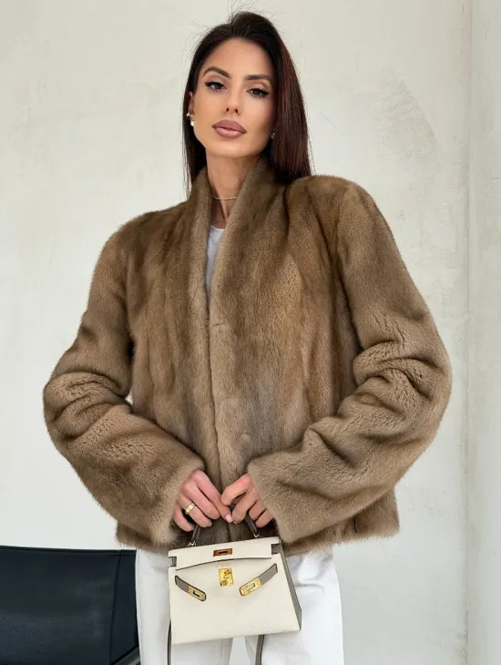 Укороченная шуба из натурального меха норки - пастель - фото 0