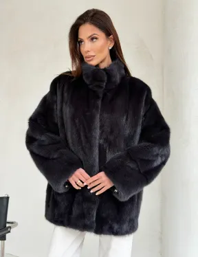 Норковый полушубок графит - стойка воротник - фото 4