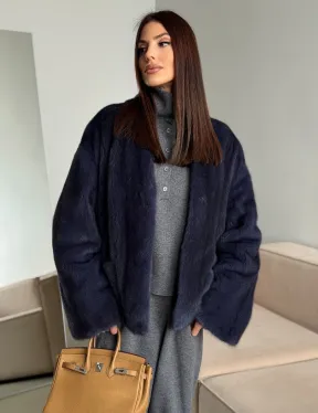 Короткий норковый жакет - синий графит - фото 9