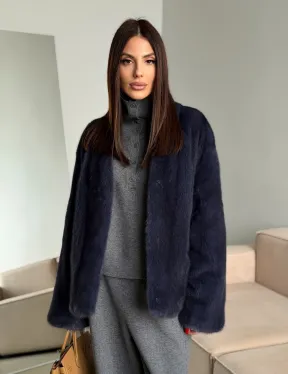 Короткий норковый жакет - синий графит - фото 14