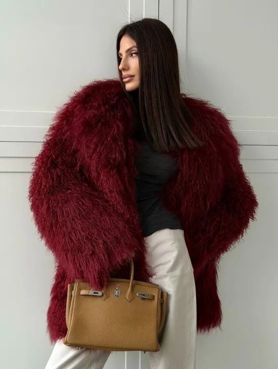 Шуба из ламы PREMIUM - бургунди - фото 9