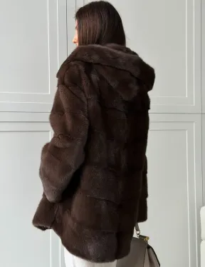 Норковая шуба в стиле «рубашка» с капюшоном - фото 5