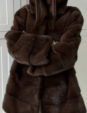 Норковая шуба в стиле «рубашка» с капюшоном - фото 2