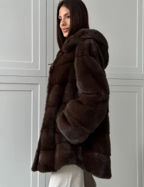 Норковая шуба в стиле «рубашка» с капюшоном - фото 4