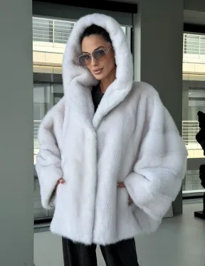 Белый норковый полушубок с капюшоном кобра - фото 13