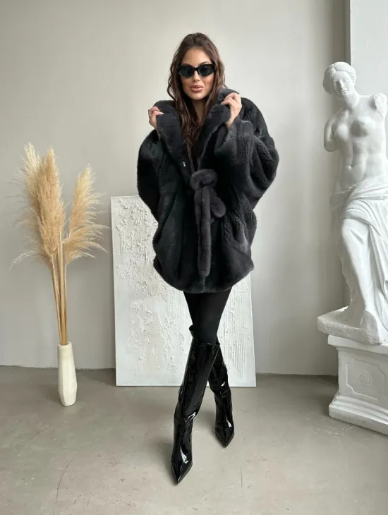 Шуба - манто из меха норки Nafa в цвете графит - фото 5
