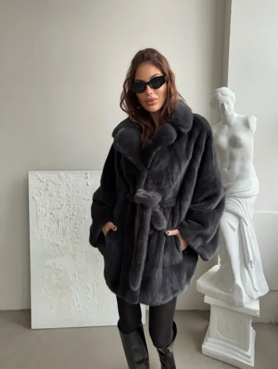 Шуба - манто из меха норки Nafa в цвете графит - фото 3