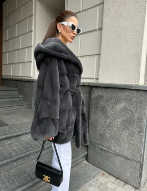 Норковая шуба с капюшоном цвет графит - фото 4