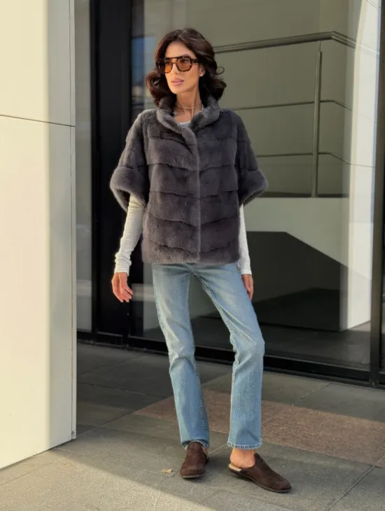 Норковый пуховик/жилет 2в1 - светлый графит - фото 8