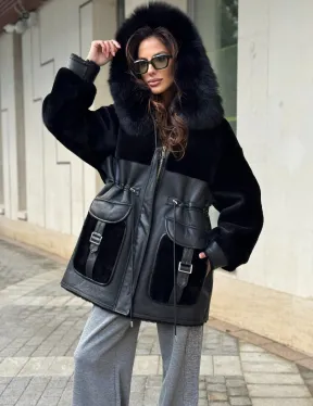 Черная дубленка с капюшоном - фото 3