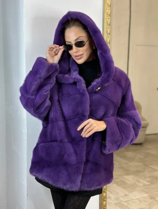Паркет шуба с капюшоном - фиолетовый цвет - фото 0